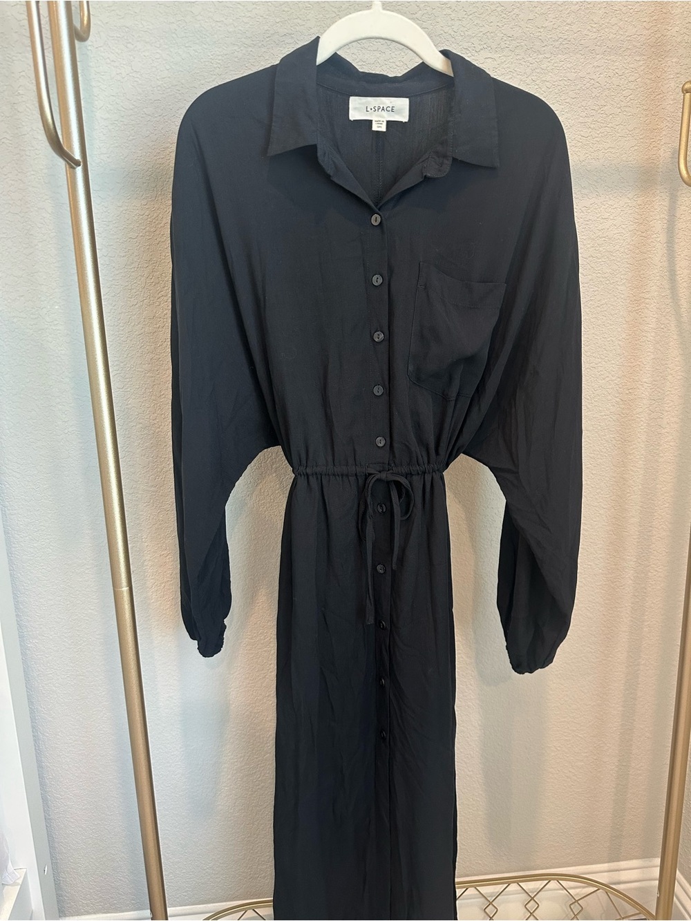 l*space Black Button-Front Drawstring Maxi Shirt Dress